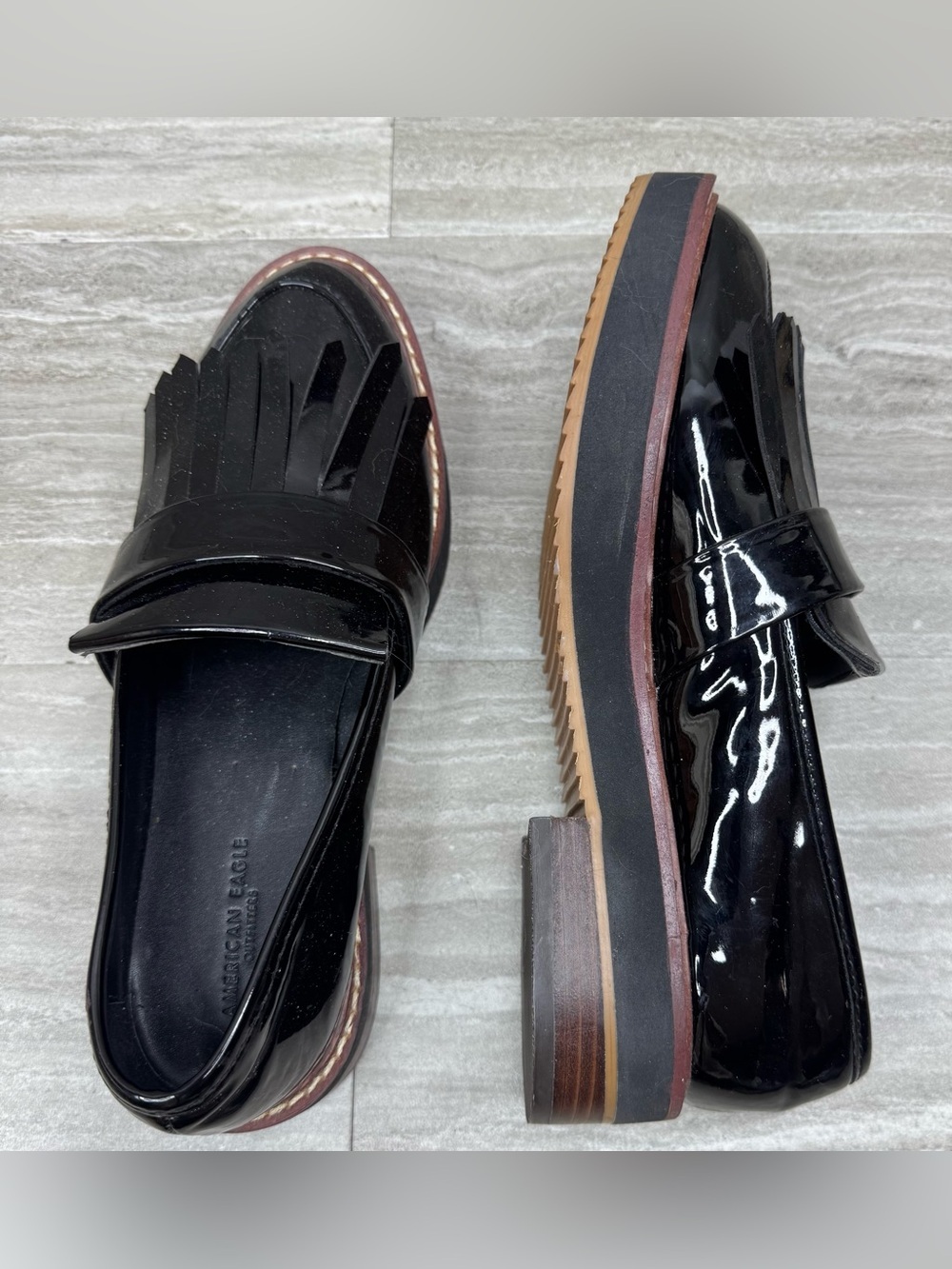 NEW American Eagle Outfitters Black Patent Platform Tassel Loafers Size 6 - Picture 10 of 14